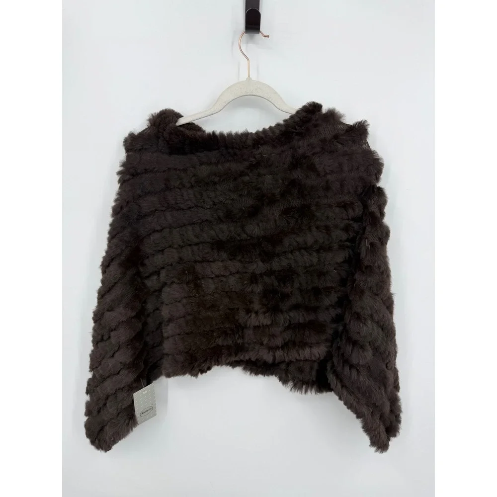 Solnex Knit Rabbit Fur Poncho Wrap Women One Size Brown Luxury Glam Accessory